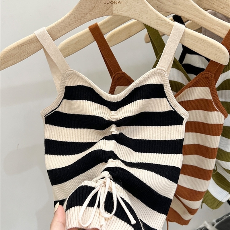 Camisoles Tanks French Style Hollow Striped Pleated Drawstring Vest Tops Women's Knitted Deep V-Neck Vintage All-Match Camis Female Clothes 23032