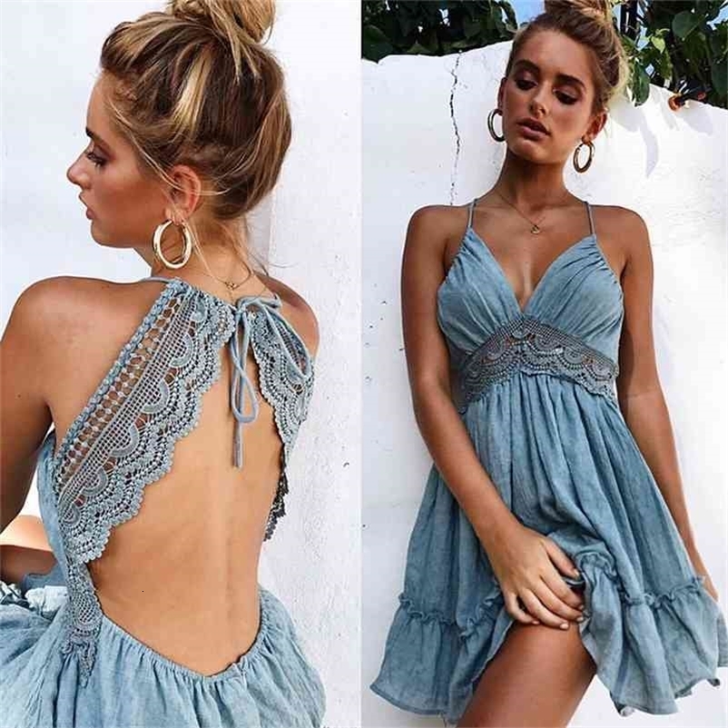 Summer Women Sexy Dresses Back Lacing Straps Backless Dress Beach Clothing Female 210630