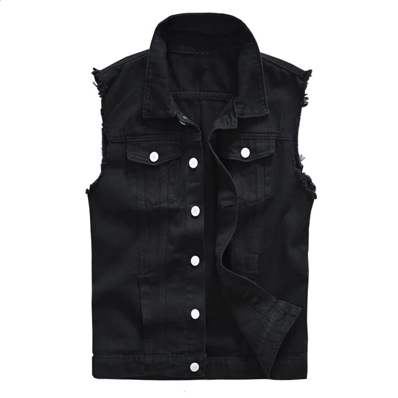 Sokotoo Mens Black Jean Vest Slim Fringe Denim Waistcoat Sleeveless Tank Top 250206
