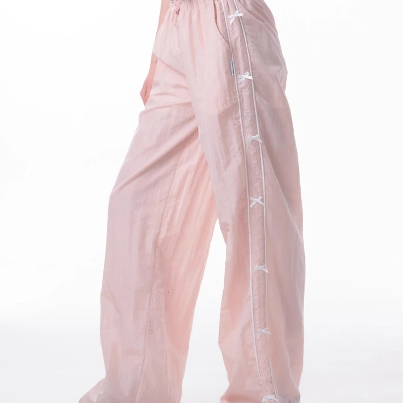 HOUZHOU Y2k Coquette Cargo Pants Women Summer Trousers Drawstring Quick Drying Cute Bow Jogger Wide Leg Sweatpants Streetwear 240530