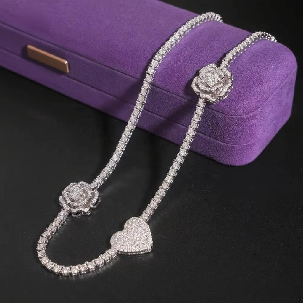 Hip Hop Iced Jewelry 3mm VVS D Color Moissanite Bling 925 Silver Rose Flower Heart Tennis Chain Necklace for Women Gift