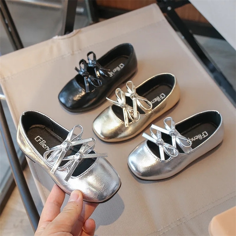 Kids Baby Girl Children Black Gold Silver Wedding Party Princess Leather Soft Bottom Shoes Girls Bow-tie Single Shoes H08093 250219