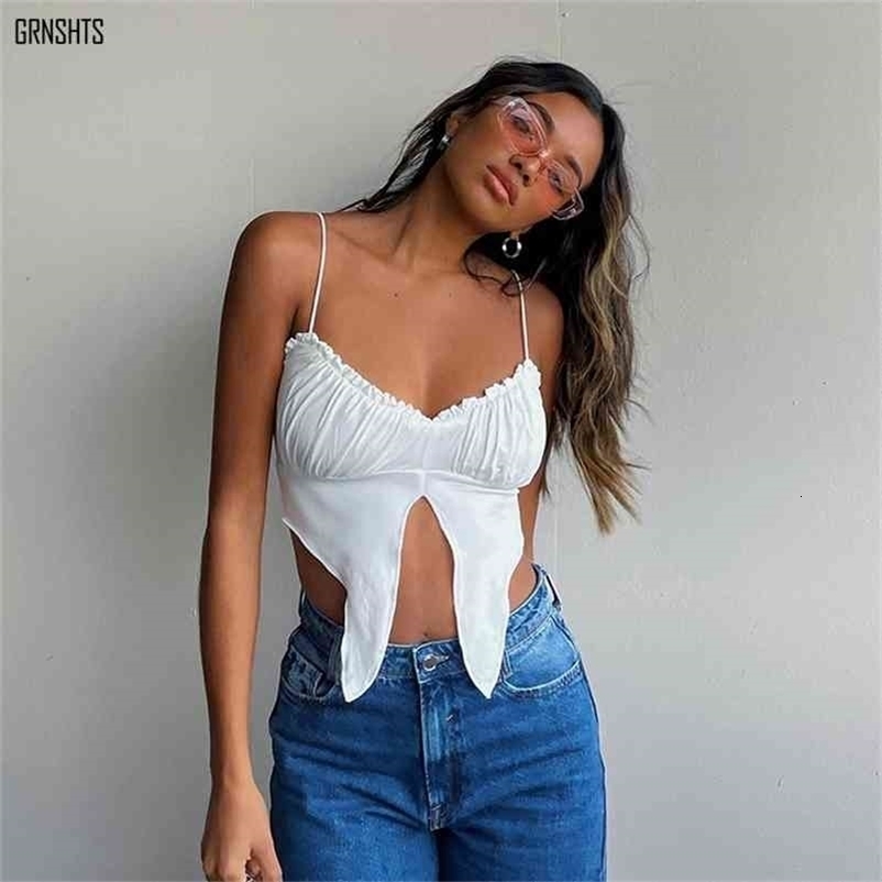 Summer Bandage Folds Tank Tops Sexy Crop Vest Solid Female Short T-shirt Streewear Women Hollow out Tops 210625