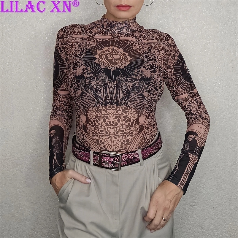Gothic Print Naked See Through Bodycon Bodysuits Y2K Lace Mesh Long Sleeve Slim Jumpsuits Women Summer T-Shirts Tops Streetwear 240716