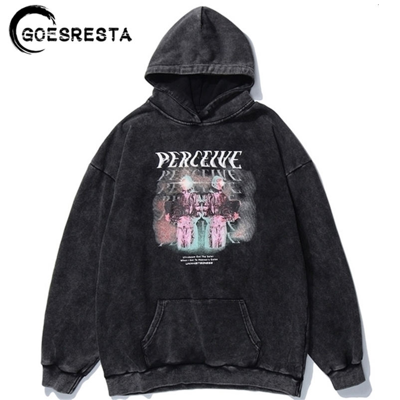 Hip Hop Men Hoodie Sweatshirt Cartoon Print Streetwear Harajuku Pullover Oversized Cotton Autumn Washed Hooded Sweatshirt Men 201127