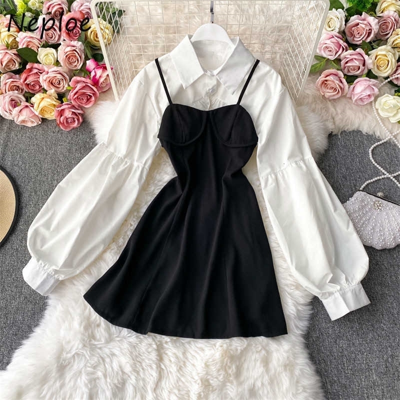 Neploe French Style Elegant Suit Sexy Strapless Camis Slim Fit A-line Women Dress + Lantern Sleeve Short Shirts 2 Piece Set 210708