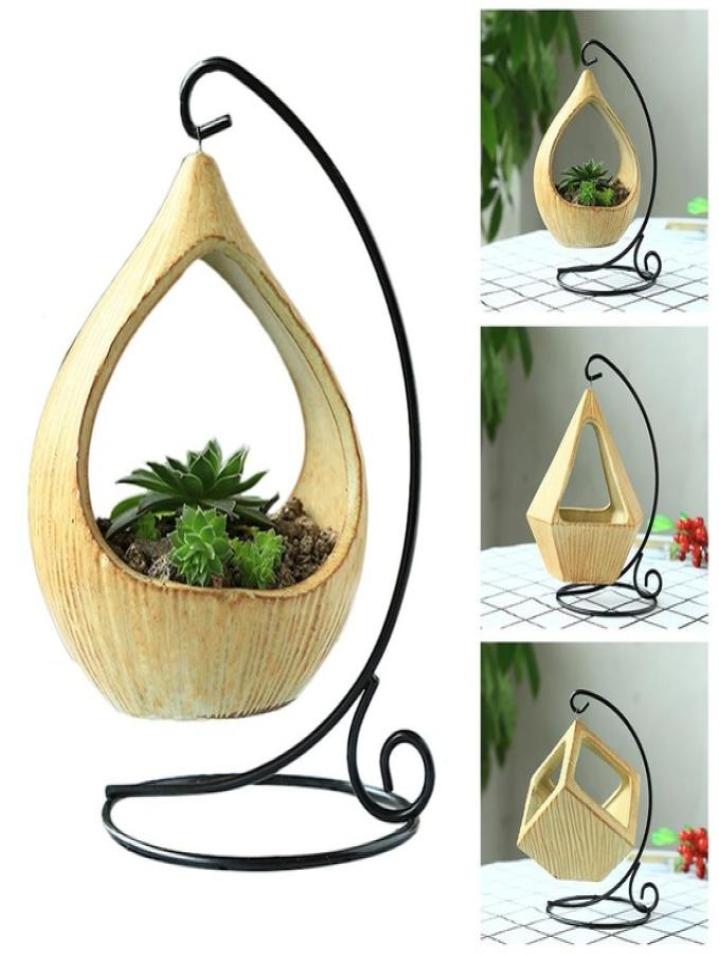 Iron Stand Hanging Basket Microlandschaft Geometric Ceramic Succulent Plants Flower Pot Iron Hook Desk Bracketplant Pot9499663