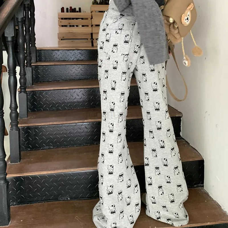 Sanrio Grey Hello Kitty Cartoon Printed Casual Pants For Women High Waisted Walking Trousers Slim Fit Straight Leg Micro Flared Pants L250925