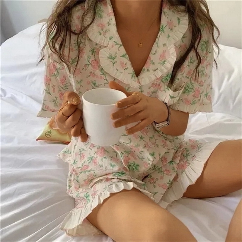 Women's Sleepwear Korean Style Women Pijimas Floral Print Casual Homewear Short Sleeve TopsShorts Ruffles Pajamas Set with Pocket Sleepwear 23032