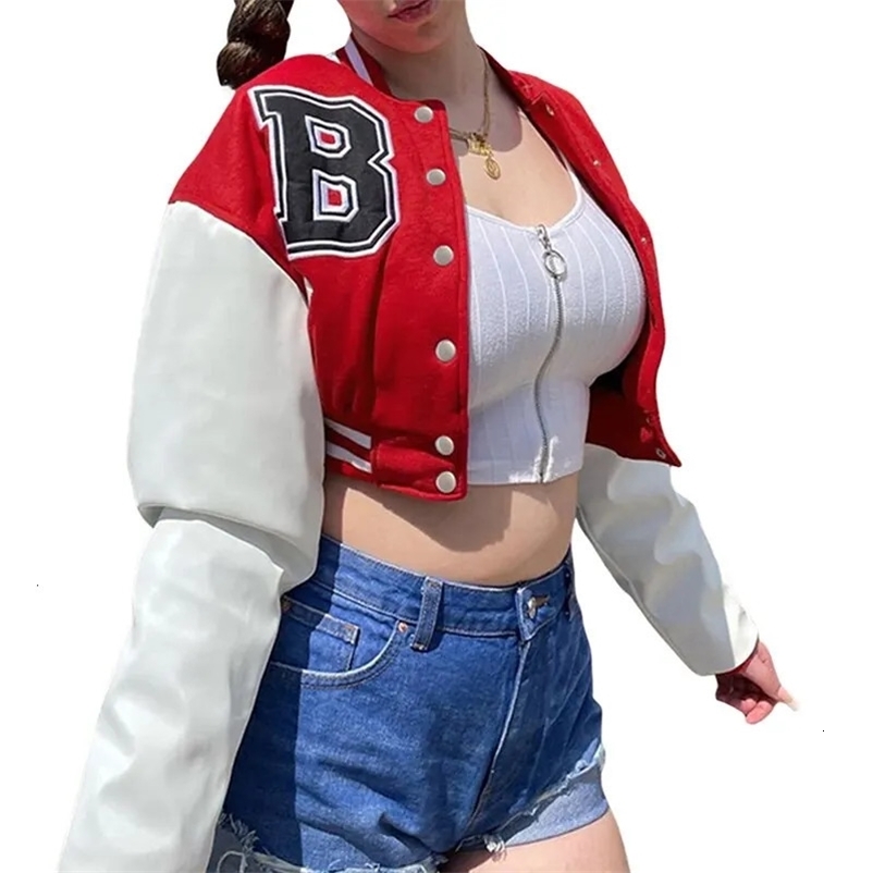 Women Loose Baseball Jackets Leather Long Sleeve Letter Embroidery Cropped Jackets 240229