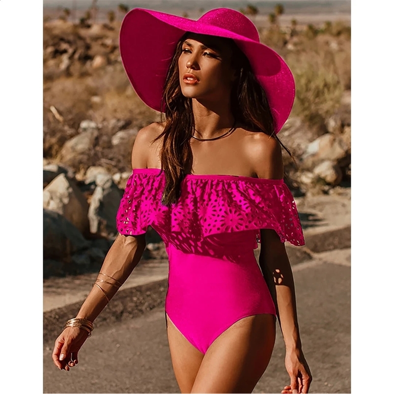 2025 Sexy Off The Shoulder Solid Swimwear Women One Piece Swimsuit Female Bathing Suit Ruffle Monokini Swim Wear XL 250118