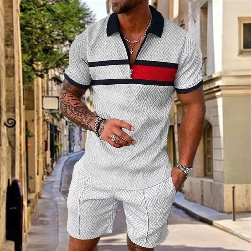 summer mens fashion trend 3D printed zipper polo shirtshorts two-piece set soft and fashionable casual mens track suit set 240930