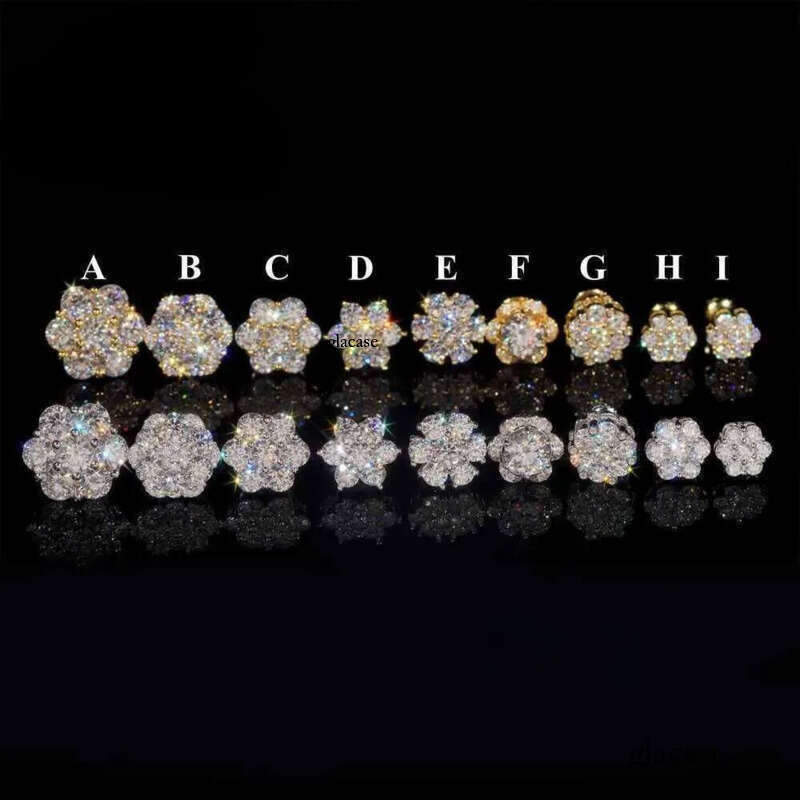 Hot Sale Pass Tester Hip Hop Sier Gold Plated VVS Dia Moissanite Flower Stud Earrings Cluster