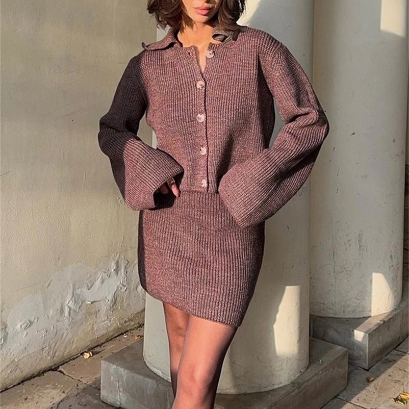 Taruxy Womens Knitted Set with Collar Flame Sleeve Open Collar Wool Sweater Autumn and Winter Collection Solid Ultra Thin Womens Sweater Two Piece Set