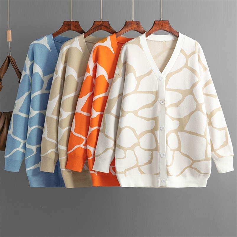 Women's Knits Tees Cardigans Women Warm Sweater Coat Autumn Winter Jacquard Knit V-neck Pattern Loose Sweater Jackets Female Long Cardigans 23091