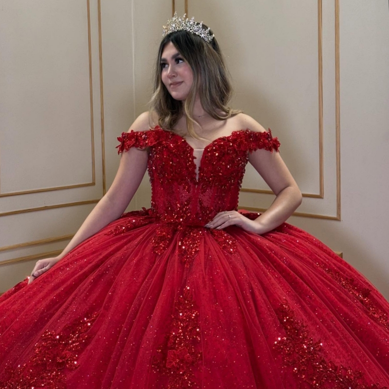 Red Shiny Quinceanera Dresses Off The Shoulder Applique Lace Beading Crystal Tull Party Birthday Sweet 16 Dress Vestidos 15 De Anos