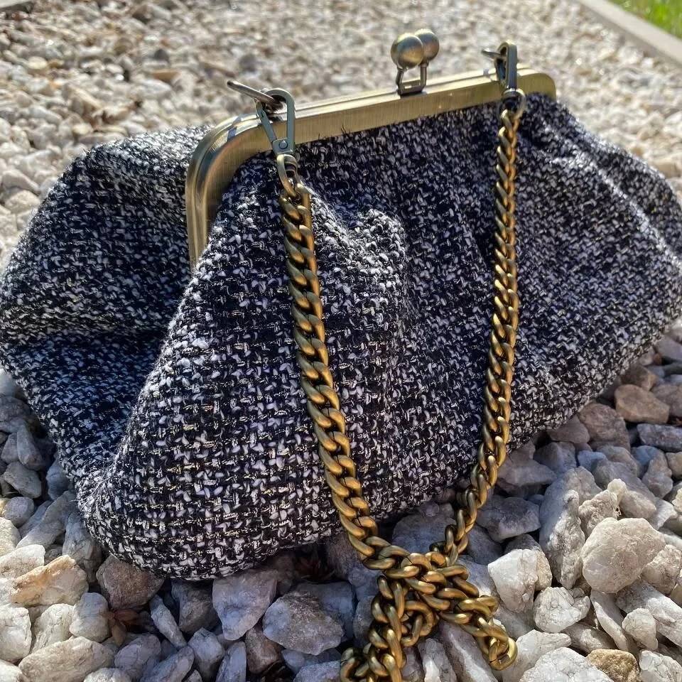 Lost in Vintage Grace Tweed Kisslock Hand Bag Shoulder Bags Frame Clutch Detachable Chain 32x17 x5cm