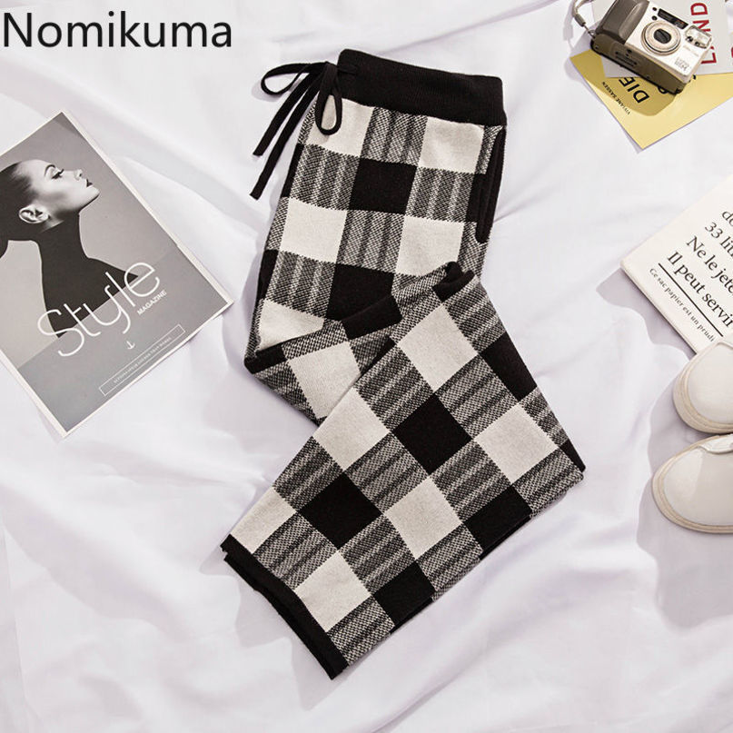 Nomikuma Autumn Wnter Thicken Knitted Pants Korean Black White Plaid Sweater Trousers Causal Lace Up Waist Anke Pants 6C979 210427