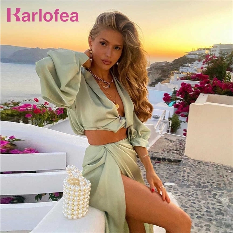 Karlofea 2 Piece Set Women Summer Beach Vacation Outfits Sexy Cropped Blouse Shirts High Split Long Skirt Matching Suit Clothes 210708