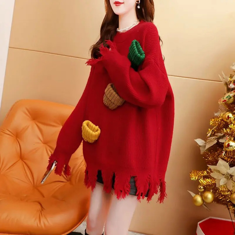 Autumn/Winter Korean Fashion Patch O-neck Long Sleeve Christmas Sweater Loose tassel Pullover Womens Dress 241113
