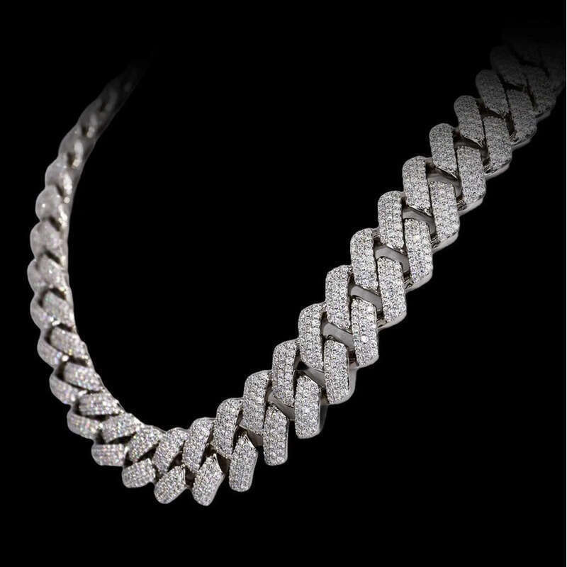 Vvs Moissanite 3 Row Rounded Dia Sterling Solid Sier Miami Cuban Link Chain Fully Ice Out Hip Hop Jewelry