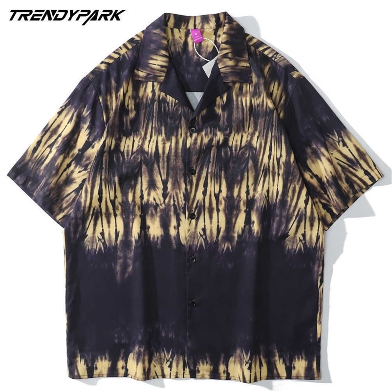 Men's Vintage Beach Shirt Hawaii Holiday Casual Harajuku Short Sleeve Tops Tie-dye Print Oversized Summer Hawaiian Shirt 210601