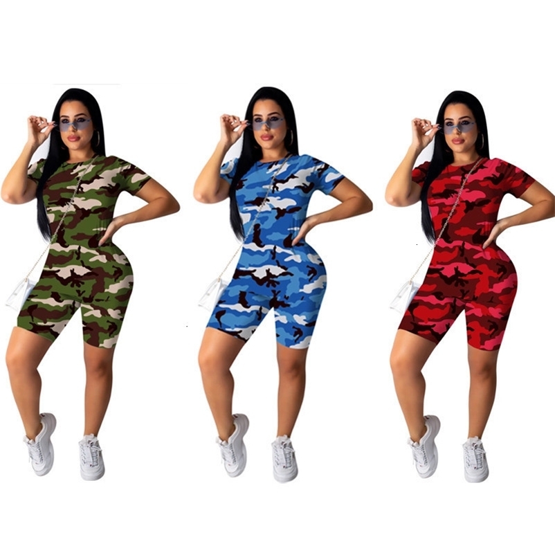 Women's Two Piece Pants Women Casual Two-Piece Clothes Set Camouflage Printed Pattern Short Sleeve Top Shorts Blue Army Green Red Lady Shorts Sui