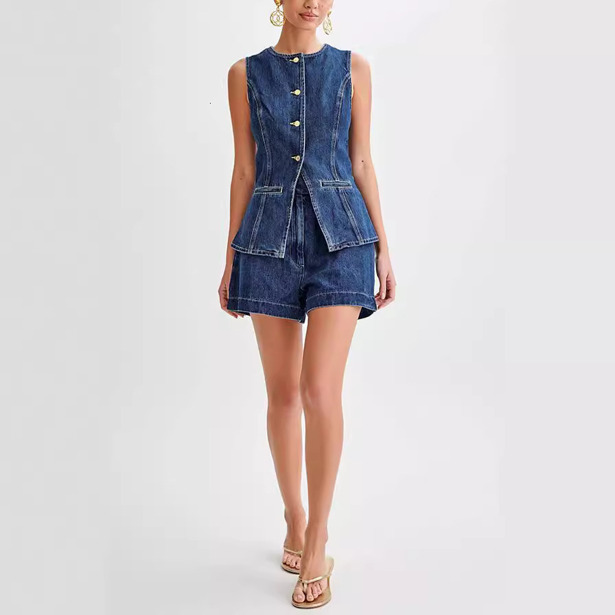 2024 Summer Fashion Casual Sleeveless High-Waisted Women's Set with Denim Shorts