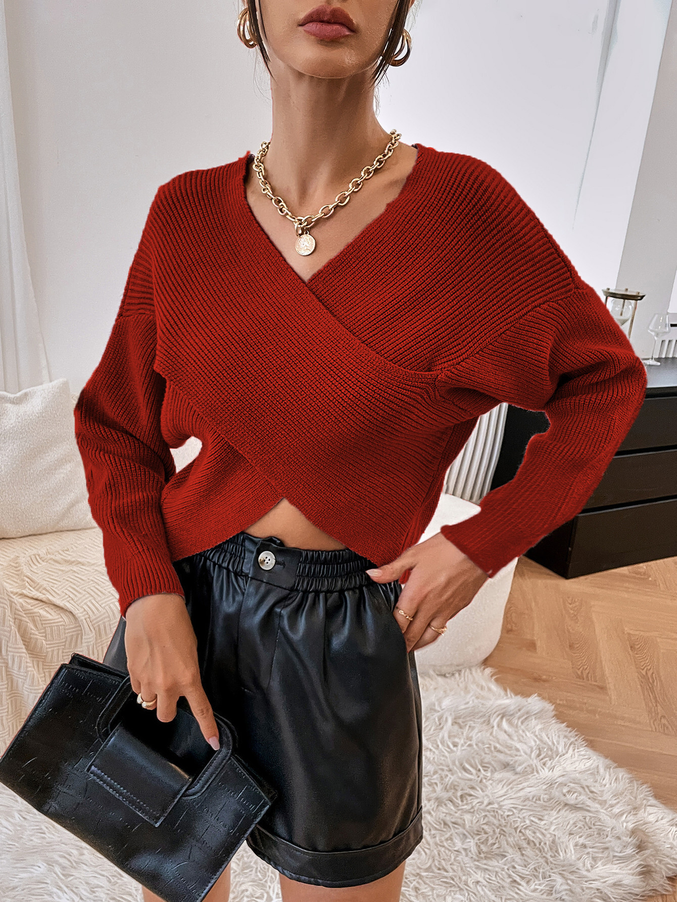 Autumn Winter Women's Knitted Solid Color Cross-Over Crop Sexy Pullover V-Neck Sweater Coat