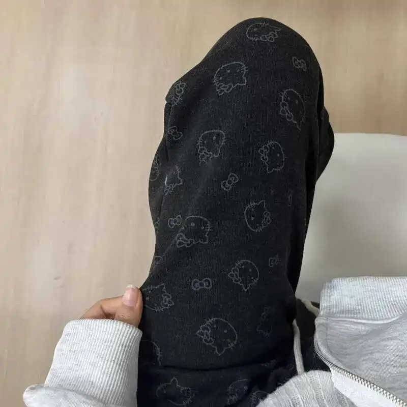 Sanrio Oversized Hellokitty Cute Thick Pant Girls Anime Kitty Printed Kawaii Trousers Elastic Waist Casual Straight Black Pants L250925