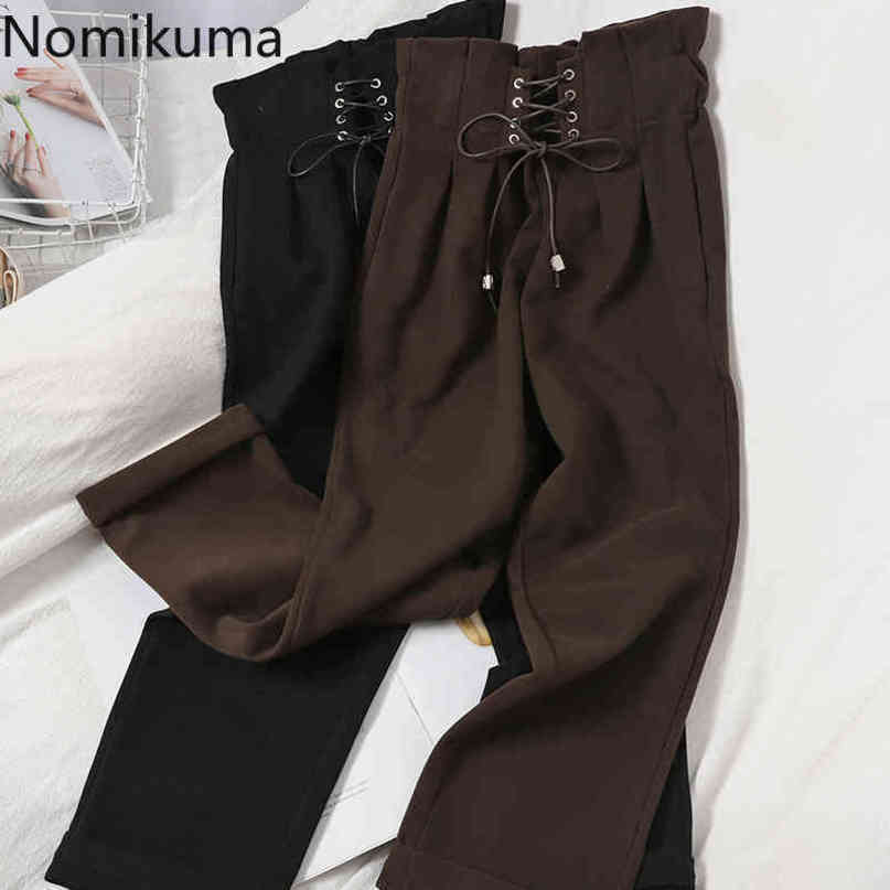 Nomikuma Autumn Winter Woolen Women Pants Korean Cross Lace Up High Waist Ankle Trousers New Solid Straight Pants 6D083 210427