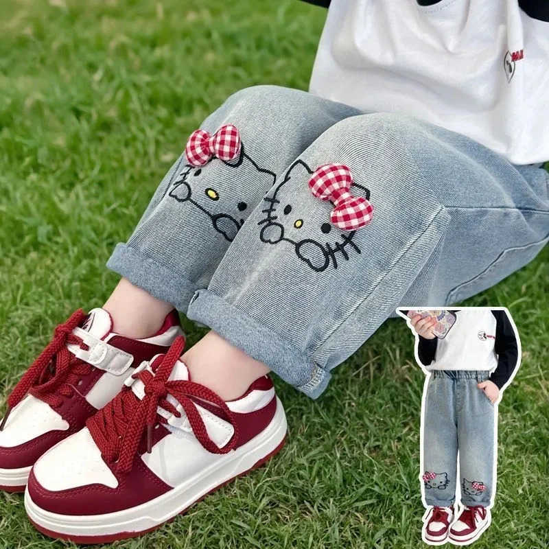 Sanrio Spring Autumn Children Cartoon Hello Kitty Denim Pants Baby Girls Loose Straight Jeans Kids Fashion Casual Trousers for 26Years L250925