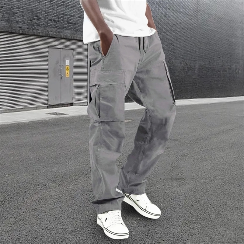 All Seasons Streetwear Mens Trousers Fashion Multi Pocket Cargo Pants Baggy Pants Solid Colour Casual Drawstring Trousers 240911