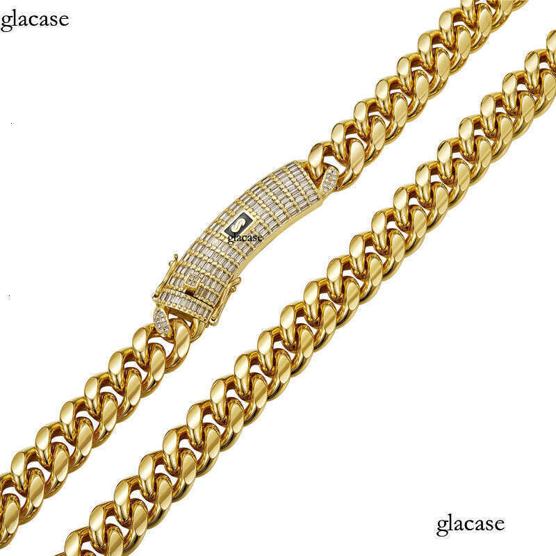 6-14mm Solid Stainless Steel Miami Cuban Chain Necklace Bracelets T Zircon Long Clasp 14K Gold Plated Jewelry