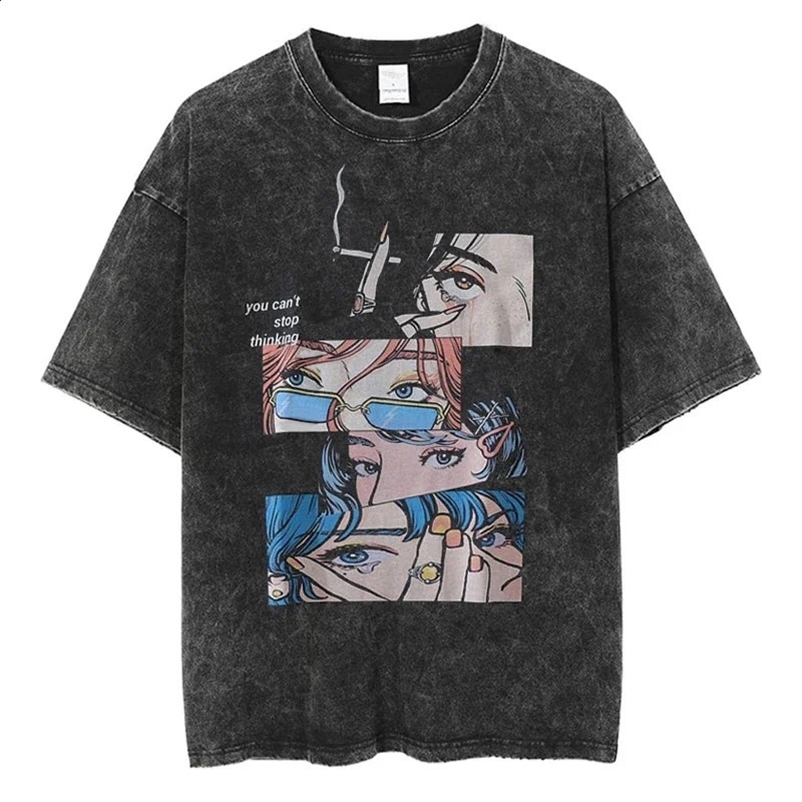 Anime Cartoon Graphic T-shirt y2k Harajuku High Street Fashion Men Women T Shirt Clothes Quality Cotton Oversized Black Tees 240429