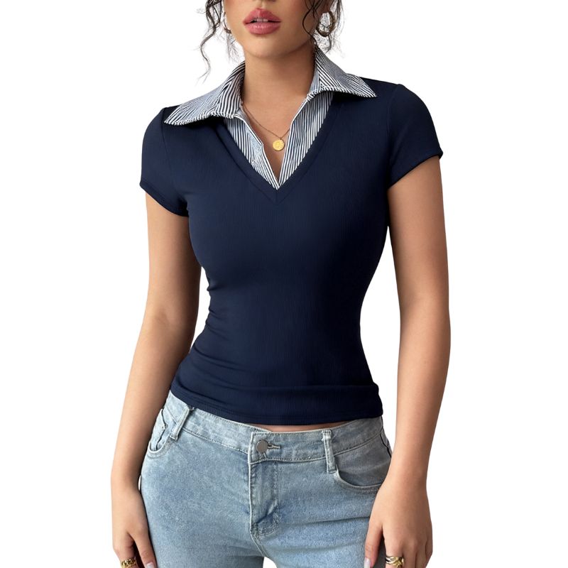 Women's Navy Blue Striped Collar Patchwork T - Shirt, High Elastic Slim Fit V - Neck Elegant Business Top-SZ25124