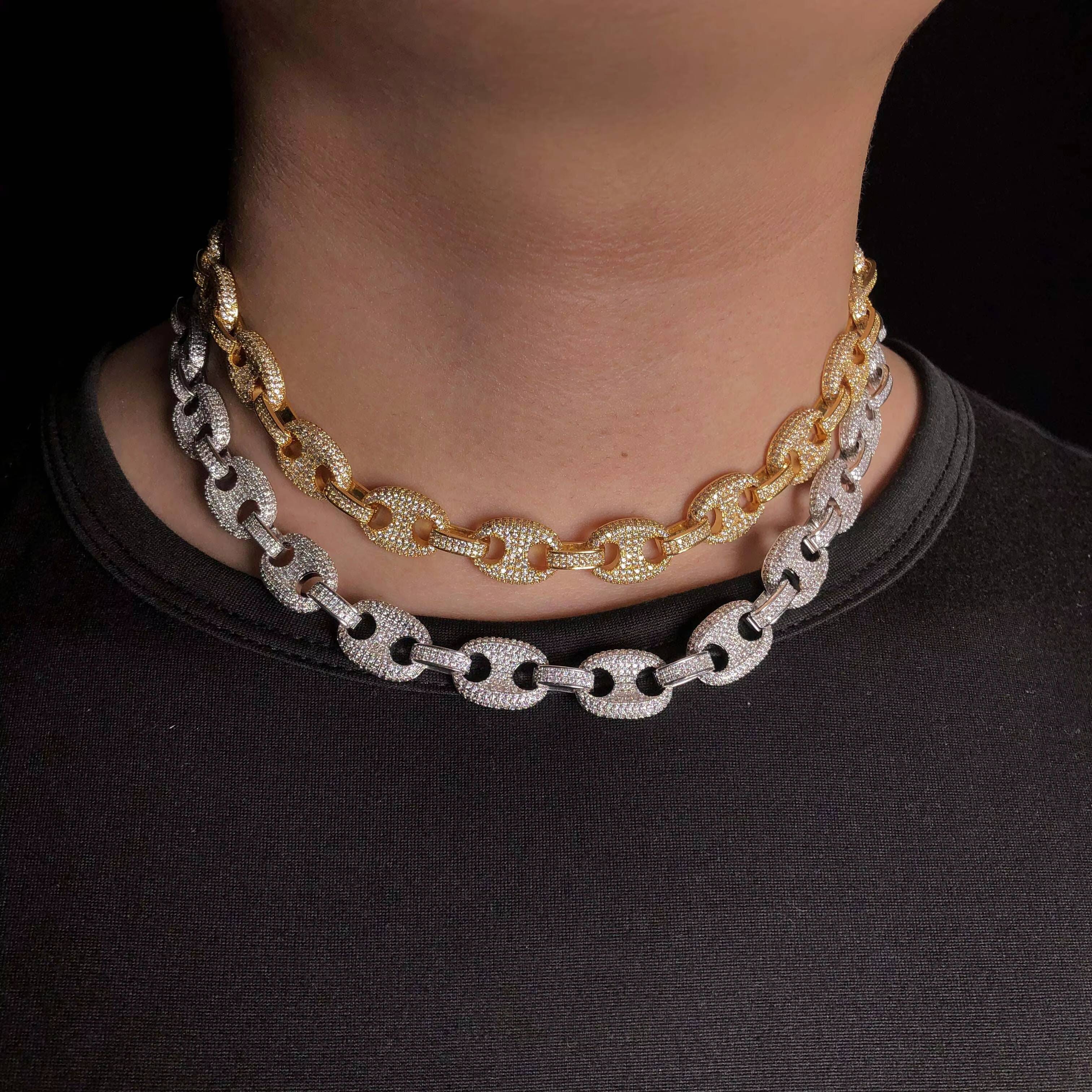 YSSJewelry Hip Hop Claw Set Moissanite Bling Iced Out Solid Coffee Beans Pig Nose Link Chain Necklace for Men Rapper Jewelry