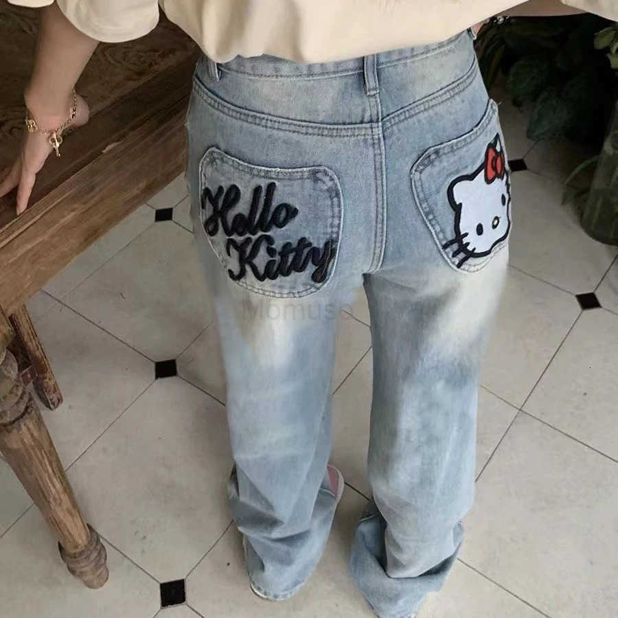 Sanrio Anime Kawaii Hello Kitty Vintage Ripped Jeans Children High Waist Design Niche Embroidery Straight Loose Wide Leg Pants L250925