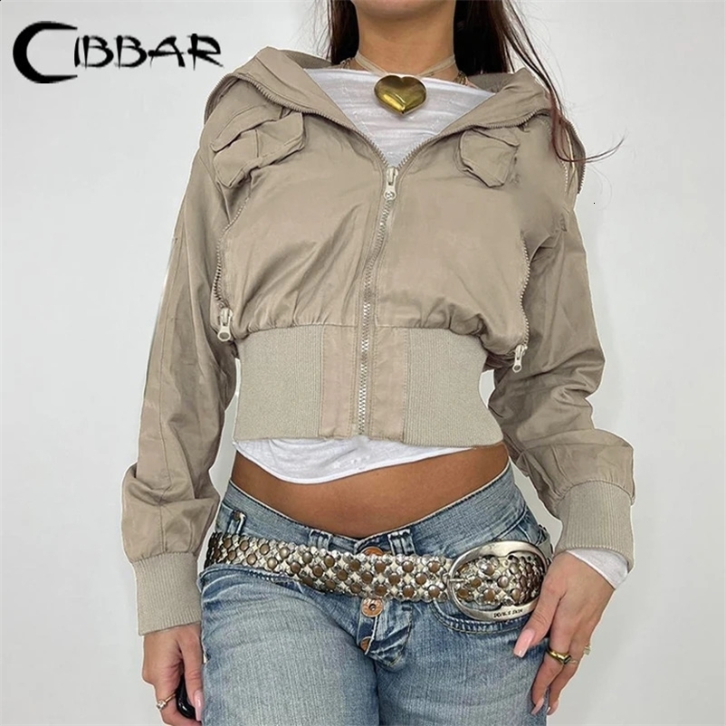 CIBBAR Khaki Zip Up Turtleneck Jacket y2k Streetwear Patchwork Pockets Cropped Jackets Women Casual Coats Vintage 2000s Clothing 250118