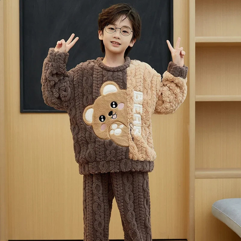Winter Warm Youth Pajamas Animal Cartoon Bear Childrens Pajama Set Coral Velvet Plush Girls Home Clothing Flannel Boys Pajamas 241118