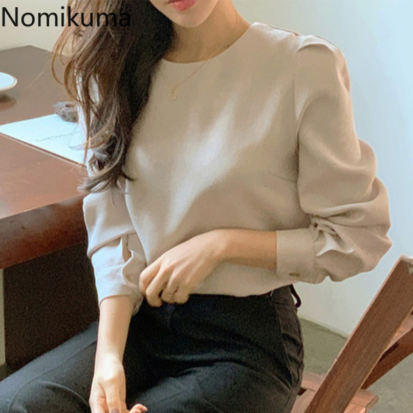 Nomikuma Korean Causal Puff Long Sleeve Pullover Blouses Autumn New O-neck Women Shirts Korean Solid Blusas Femme 6D452 210427