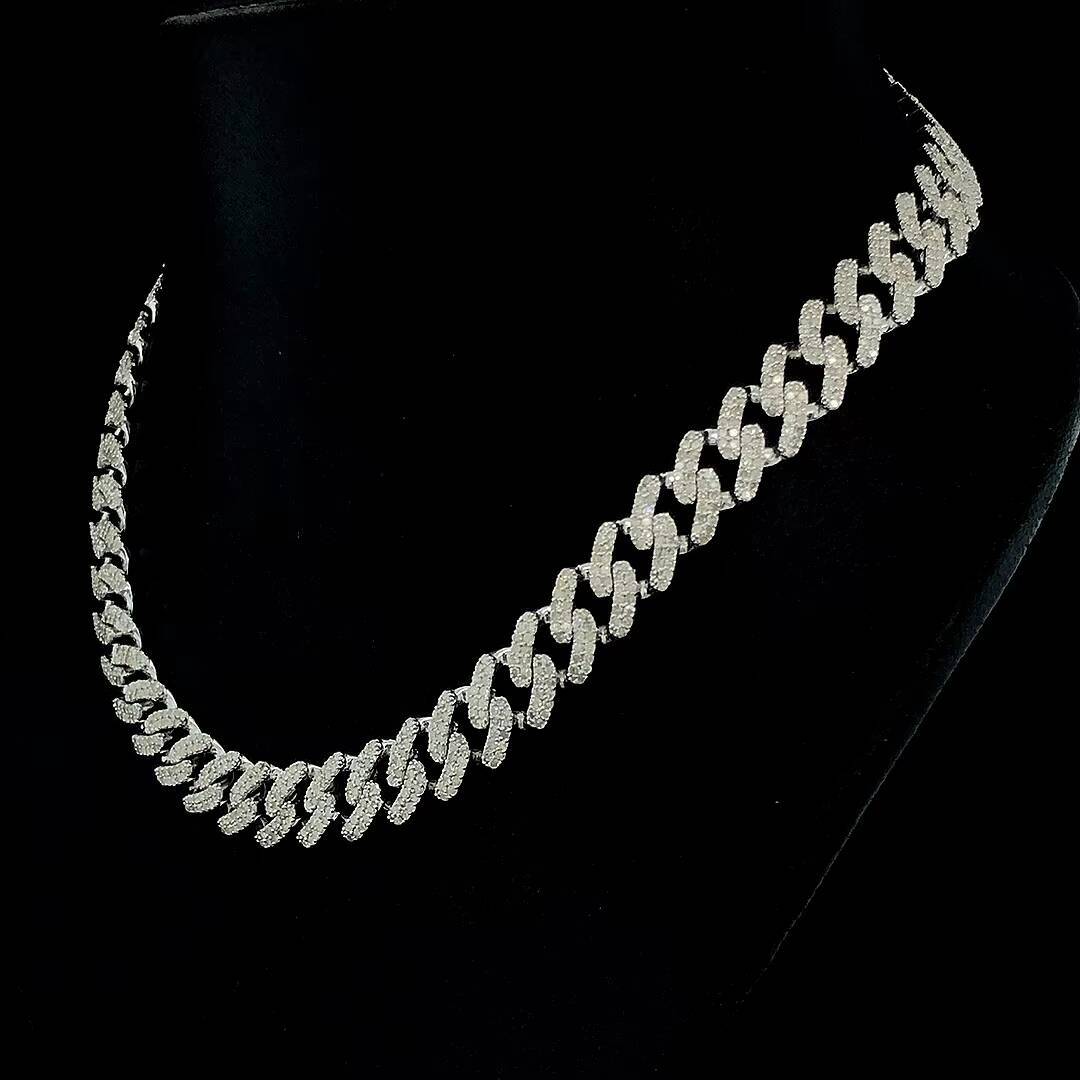 Sparkling Iced Out Prong Settings Heavy Cuban Link Chain in 10k Solid Gold With Baguette Cut Moissanite for Party Hip Hop Style