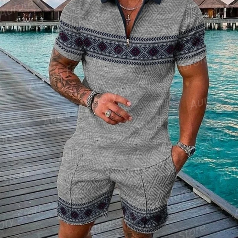 Summer Simple Retro Style Short Sleeved Polo Shirt Beach Shorts 2 Piece Sets Tracksuit Mens 3D Printed Casual Sports Suit 240229