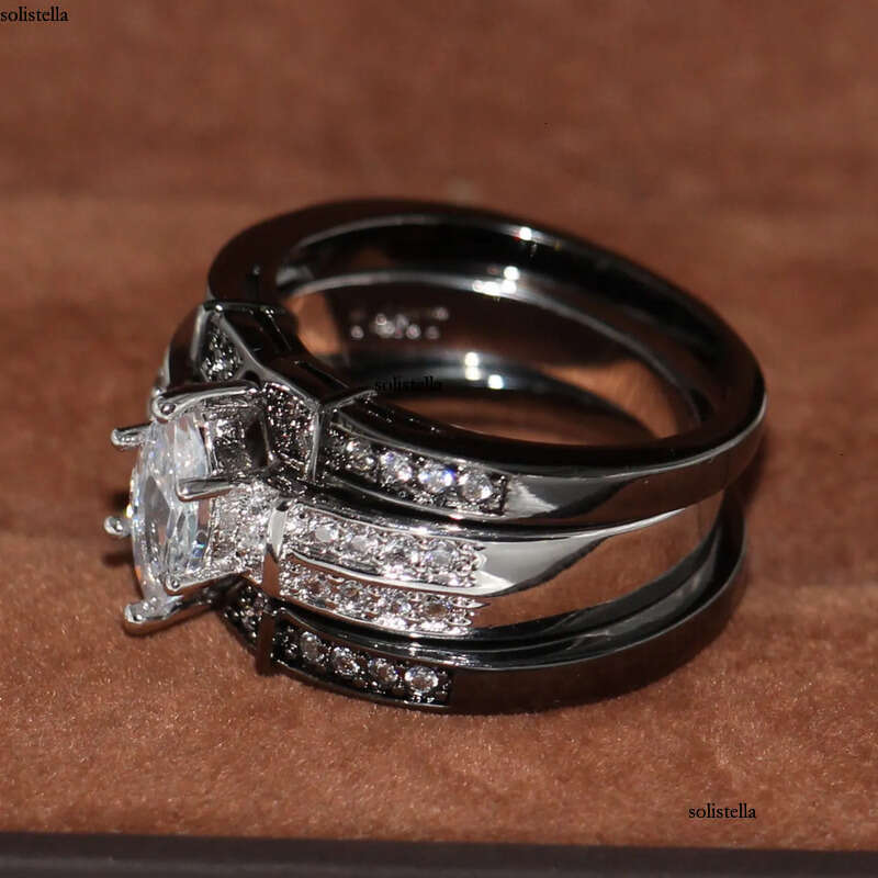 Vintage Fashion Jewelry High Quality 14KT White&Black Gold Filled Marquise CZ Dia Topaz Gemstones 3 IN 1 Wedding Couple Ring Set Gift