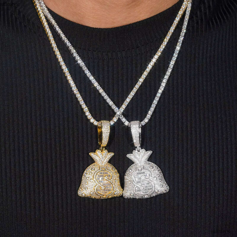 Solid Back Hip Hop Jewelry Money Bag Custom Iced Out Fashion Sier VVS Moissanite Baguette Dia Wealthy Pendant aaa