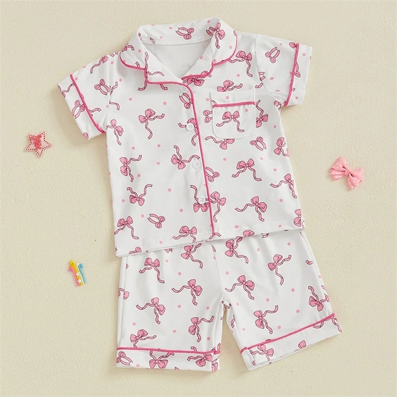 Toddler Kids Baby Girls Summer Pajamas Sets Dot Bow Print Button Down V Neck Short Sleeve Tops Shorts Loungewear Outfits 250219