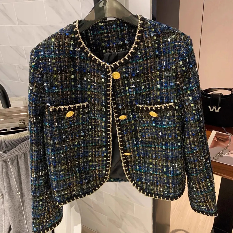 Exotic blue womens tweed small perfume short coat spring and summer gold button bright line 240926