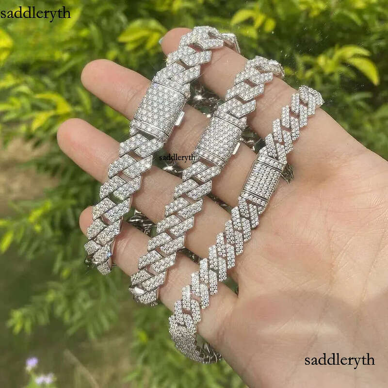 Pass Tester Sier Cuban Link Chain Wide 2rows Solid Moissanite Dia 8mm-20mm Jewelry Set Necklaces Hiphop