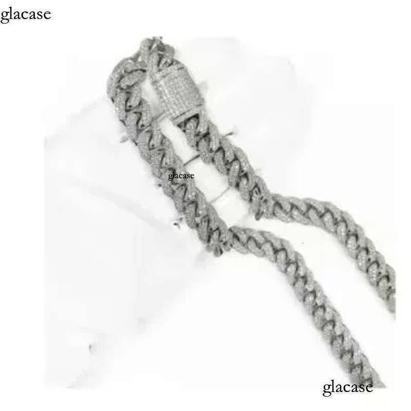 12MM Solid Sier Hip Hop Cuban Link Chain Gold Plated with Studded VVS1 Moissanite Dia Passes Tester 16-30 Inches