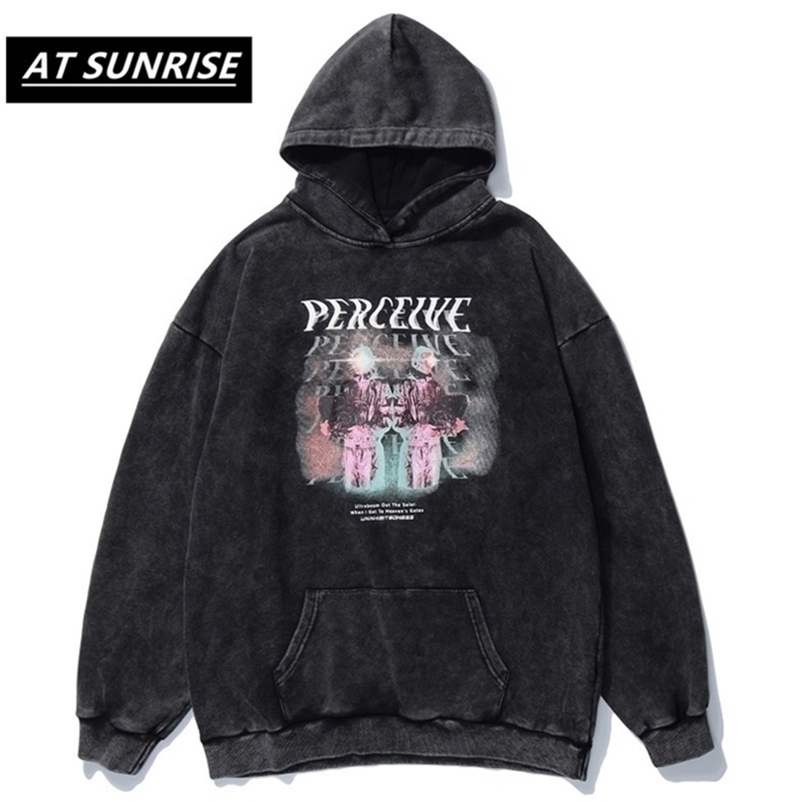 AT SUNRISE Hoodie Sweatshirt Men Hip Hop Streetwear Harajuku black Washed Hooded Pullover Autumn winter Cotton Loose Hoodie 201127